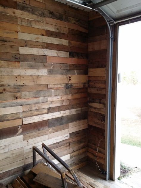 Garage Transformed Into Super Pallet Garage! Pallet Wall Decor & Pallet Painting Pallet Walls & Pallet Doors Yard Wall Decor, Yard Wall, Pallet Wall Decor, Diy Pallet Wall, Garage Floor Paint, Finished Garage, Pallet Walls, Garage Remodel, Wood Pallet Wall