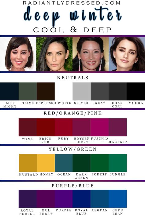 Color Palette For Cool Skin Tone, Winter Colour Analysis Palette, Winter Fashion Color Palette, Deep Color Analysis, Color Palette For Deep Winter, Deep Winter Palette Capsule Wardrobe, Winter Skin Color Palette, True Winter Color Palette Analysis, Winter Cool Tone Fashion