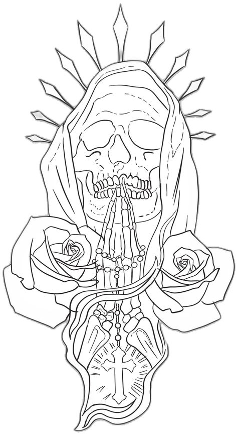 Skull And Flower Tattoo Stencil, Tattoos For Guys Stencil, Drawing Ideas Outlines, Santa Muerte Drawing Tattoo, Santa Muerte Tattoo Stencil, Santa Muerte Drawing, Forearm Tattoo Stencil, Santa Muerte Art, Day Of The Dead Tattoo Designs