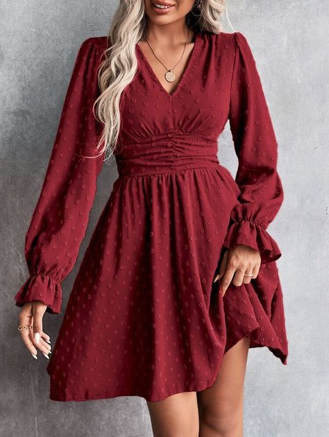 Dark Red Dresses, Maroon Dress, Flounce Sleeve, Dress For Short Women, Business Dresses, Swiss Dot, Club Dresses, Dance Dresses, Spring Dresses