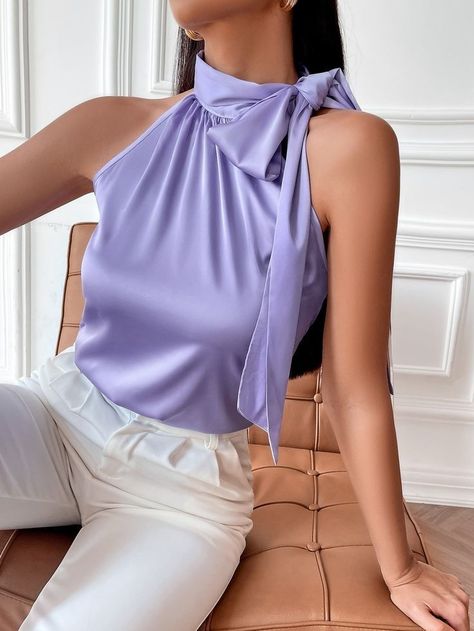 Satin One Shoulder Top, Satin Top Design, Summer Blouses For Women Classy, Violet Top Outfit, Satin Tops Blouses Classy, Bow Tie Blouse Outfit, Purple Blouse Outfit, Satin Top Outfit Classy, Satin Tops For Women