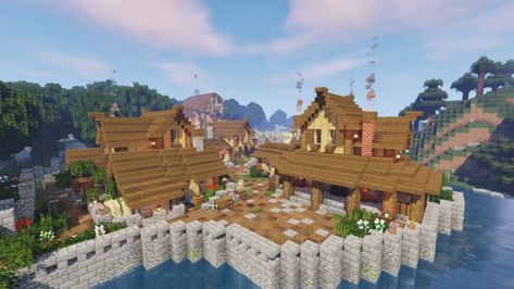 Minecraft Medieval Village With Castle World Download - BlueNerd Minecraft Villages, Minecraft Medieval Village, Medieval House, Minecraft Banner Designs, Minecraft House Plans, Minecraft Castle, Minecraft Medieval, Cute Minecraft Houses, Medieval Village