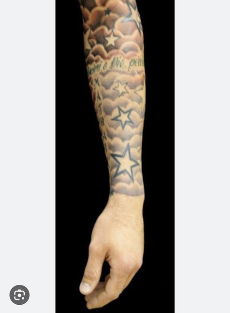 Stars Arm Tattoo Sleeve, Kai Cenat Tattoo, Mens Half Sleeve Tattoo Upper Arm, Half Sleeve Tattoo Upper Arm, Cloud Tattoo Sleeve, Stripe Tattoo, Half Sleeve Tattoo Stencils, Hard Tattoos, Simple Tattoos For Guys