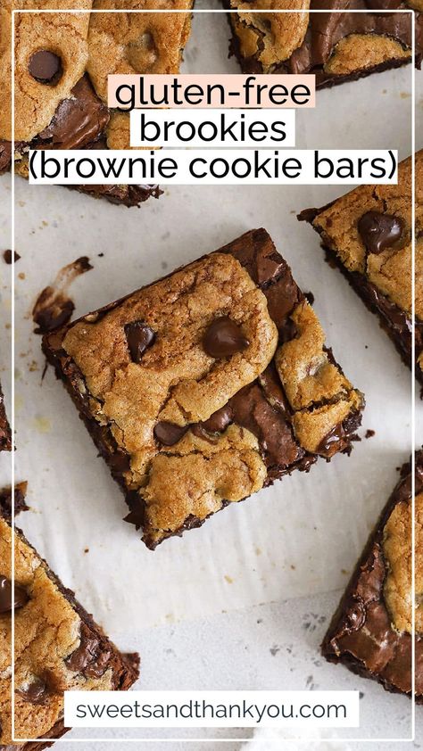 These Gluten-Free Brookies are part brownie and part cookie, for a delicious, decadent dessert that gives you the best of both worlds in every bite! We combine classic chocolate chip cookie flavor with decadent fudgy brownies for one amazing gluten-free cookie bar that's perfect for sharing. Enjoy it on its own, or turn it into an ice cream sundae for an even more indulgent treat! Brownies For One, Brownie Cookie Bars, Gluten Free Cookie Bars, Gluten Free Pumpkin Bars, Gluten Free Holiday Cookies, Best Gluten Free Cookies, Gluten Free Lemon Bars, Gluten Free Baking Mix, Gluten Free Sugar Cookies