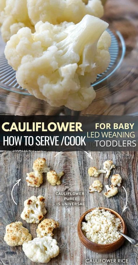 cauliflower for baby Blw Cauliflower, Cauliflower Baby Food Recipes, Baby Puree Combinations, Puree Combinations, Ways To Cook Cauliflower, Baked Cauliflower Recipe, Food For Babies, Baby Led Weaning First Foods, Baby Led Feeding