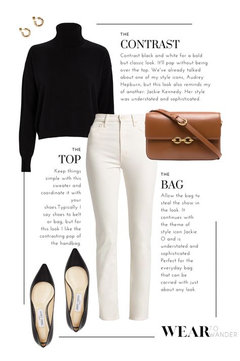 Black Point Flats Outfit, White And Black Work Outfits, Women’s Summer Clothes 2023, White Pants Black Turtleneck, Xl Work Outfits Women, Classic Style Winter 2023, Workwear 2022 Women, Wear Black In Summer, Elegant White Jeans Outfit