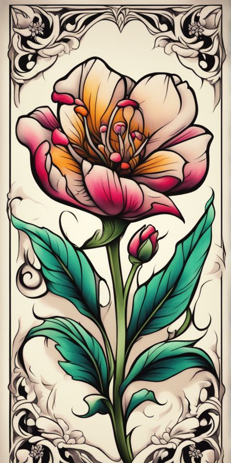 A vibrant Neo-traditional style flower tattoo design takes center stage against a blank canvas. The rich colors used adds a striking appearance to the intricate detailing of the floral pattern. Neo Traditional Flower Tattoo Design, Neo Traditional Flower Tattoo, Neo Traditional Flowers, Neotraditional Flower Tattoo, Traditional Vases, Traditional Tattoo Flowers, Cool Tattoo Drawings, Traditional Flower, Flowers Tattoo