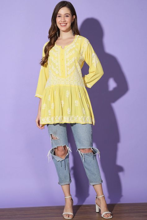 Magical Inspiration, Jeans Palazzo, Cotton Frock, Kurta Top, Chikankari Embroidery, Frock Style, Cotton Frocks, Short Kurta, Jeans Outfit Women