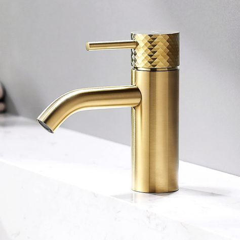 Art Deco Faucet Bathroom, Brushed Gold Bathroom Faucet, Townhouse Remodel, Gold Bathroom Fixtures, Bathroom 2023, Midcentury Modern Bathroom, Brushed Gold Bathroom, Bathroom Sink Faucets Modern, Brass Sink Faucet