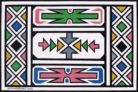 The work of the iconic South African artist, Esther Nikwambi Mahlangu, who has just been conferred with an honorary doctorate from the… South African Patterns, Esther Mahlangu, Geometric Artists, African Artwork, African Theme, South African Art, African Paintings, Africa Do Sul, South African Artists