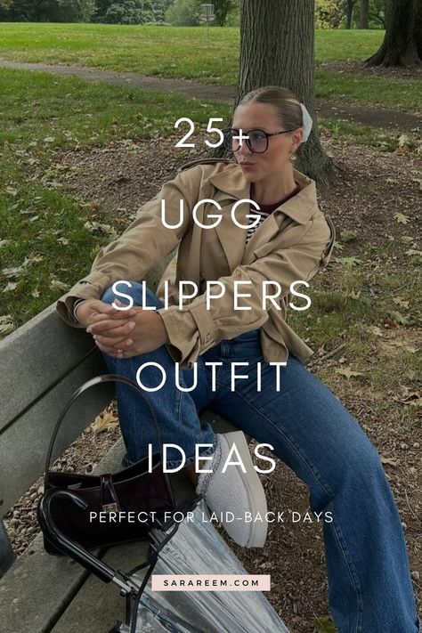 Looking for the perfect Ugg Slippers Outfit inspo? Get ready to stay comfy, cute, and cozy this fall and winter 2024 season with these chic, trendy outfit ideas! Whether you're into black leggings, a baddie look, or the cozy vibes of the Tasman platform and Scuffette slippers, we’ve got you covered. From fuzzy and fluffy Uggs to pink, tan, and grey styles, these Ugg slippers outfit ideas are the ultimate in casual, laid-back fashion. Ugg Talisman Slippers Outfit, Ugg Slippers Outfit, Black Ugg Slippers, Suede Jacket Outfit, Comfy Airport Outfit, Neutral Coat, Slippers Outfit, Tasman Slippers, Faux Shearling Vest