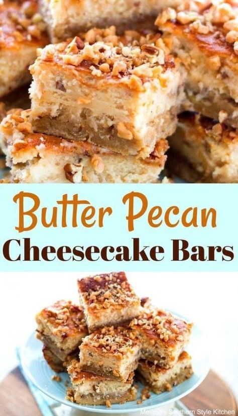 Cream Cheese Pecan Bars, Pecan Dessert Recipes, Dessert Pastries, Butter Pecan Cheesecake, Pecan Desserts Recipes, Pecan Cheesecake Bars, Fancy Baking, Blondie Recipes, Desert Bars