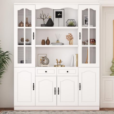 PRICES MAY VARY. [Bookshelf with Glass Doors]: This white bookcase with open shelves is modern style, it uses white boards to match with black handles showing elegant charm, the carved patterns on the top and the doors are adding sense of design. It matches well with various decors and adds extra storage space. [Durable & Sturdy]: This bookcase is crafted from MDF board, which is durable and sturdy to hold all of your items. The shelves behind the bottom doors are adjustable, the metal handles a Glass Kitchen Cabinets Decor, Kitchen Pantry Cupboard, White Pantry, Bookcase With Glass Doors, White Bookshelves, Pantry Storage Cabinet, Wooden Storage Cabinet, Dining Cabinet, Bookcase Styling