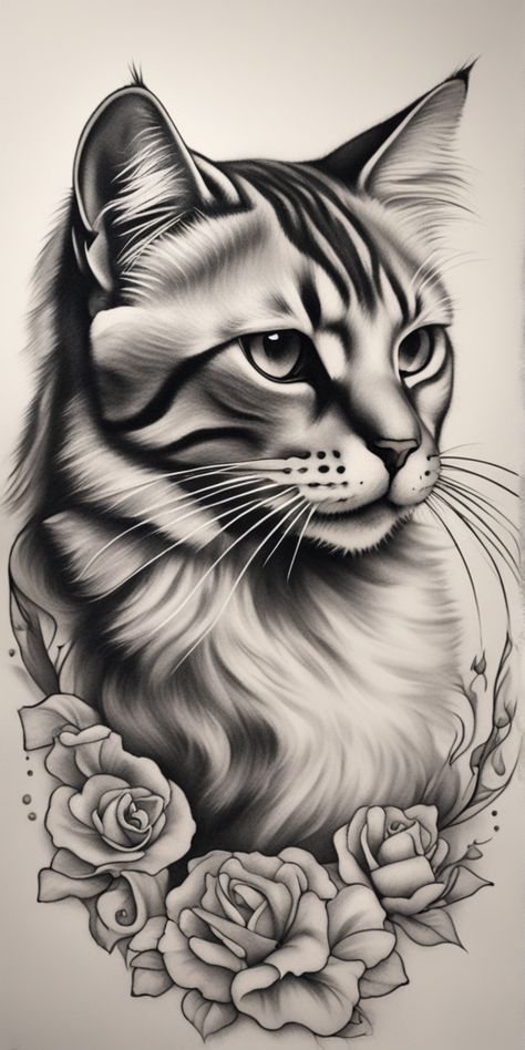 This image showcases a realistic black and white cat tattoo design. Sketched in a striking realism style, the compelling details and shading bring to life the feline's features on a blank canvas. Feline Tattoo, Realistic Cat Drawing, Full Hand Tattoo, Cat Tat, Framed Tattoo, Petit Tattoo, Cat Tattoo Designs, Whimsical Cats, Stencil Patterns