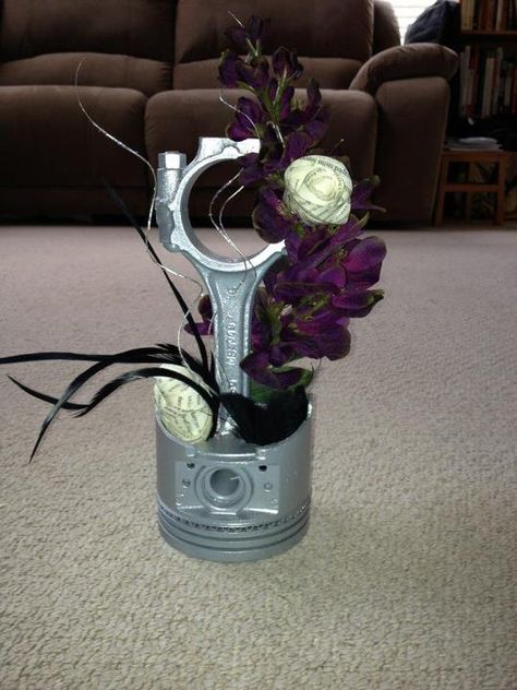 Car parts centerpiece. Kinda cool idea. You could get super creative on this one. vintage auto theme wedding. Kitchen Table Centerpiece Ideas, Car Themed Wedding, Car Centerpieces, Biker Wedding, Kitchen Table Centerpiece, Car Themes, Centre Pieces, Wedding Themes, Country Wedding