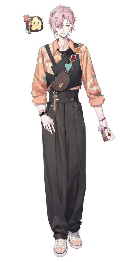 Anime Inspo Outfits Men, Anime Guys Outfit Design, Chibi Clothes Reference Male, Vtuber Design Male, Anime Boy Outfit Ideas, Anime Guy Outfits, Pink Male Outfit, Male Idol Outfits, Male Vtuber Model