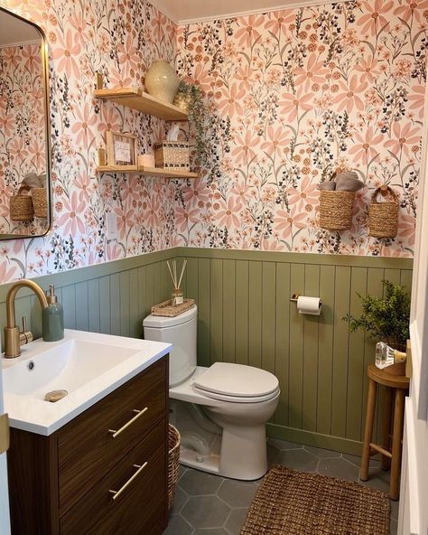 This powder room Bathroom included gld fixtures, a green batten wall, floral wallpaper, a floor hexagon tile and lots of wood elements. Green Batten Wall, Board And Batten Green, Wallpaper Board And Batten, Green Bathroom Colors, Powder Room Bathroom, Definitely Maybe, Batten Wall, Floral Bathroom, Hexagon Tile