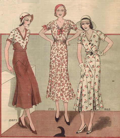 Let's bid the merry month of May farewell with a handful of graceful and flattering tea-length frocks from 1932!       Dress 981 has a rathe... 1930s Outfits, 1930s Fashion Women, Fashion Through The Decades, 1930's Dresses, Vintage Fashion 1930s, 1930 Fashion, Patron Vintage, 30s Fashion, 20th Century Fashion