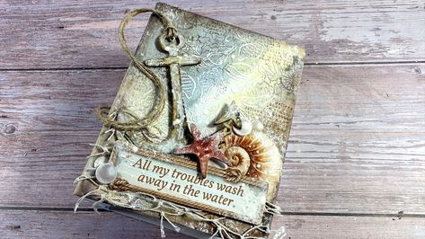 Mixed Media Album Cover | Vicky Papaioannou Scrapbook Album Cover, A6 Journal, Vicky Papaioannou, Mini Art Journal, Cover Video, Journal Organization, Mixed Media Tags, Gold Sand, Mini Journal