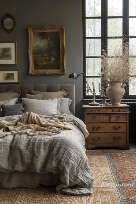 French Gray Bedroom, Gothenburg Apartment, Gray Bedroom Ideas, Gray Bedroom Walls, Cottagecore Bedroom, Tranquil Bedroom, Moody Bedroom, Light Grey Walls, Bedding Ideas