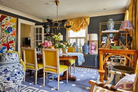 Colorful Dining Room Ideas, Maximalist Dining Rooms, Maximalist Dining Room, Liz Caan, Colorful Dining Room, Maximalism Interior, Boho Decorating, Condo Living Room, Upholstered Headboards