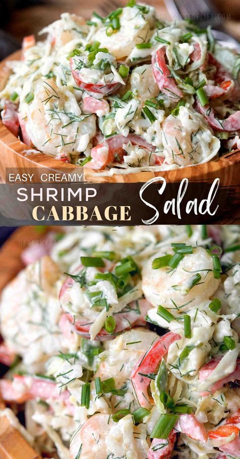 Cabbage And Shrimp, Shrimp Cabbage, Cabbage Cooked, Creamy Dill Dressing, Cold Shrimp, Unprocessed Recipes, Dairy Free Salads, Sea Food Salad Recipes, Cooked Shrimp