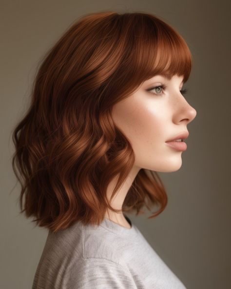 Auburn Medium-Length Waves with Fringe Mid Length Dark Auburn Hair, Auburn Medium Length Hair, Auburn Hair Colour, Short Auburn Hair, Deep Auburn, Red Orange Hair, Dark Auburn Hair, Hair Colour Ideas, Honey Blonde Hair Color