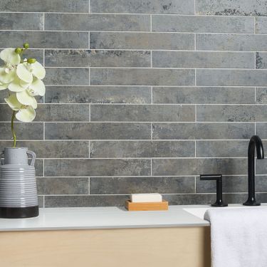 Bathroom Tiles | TileBar.com Grey Backsplash Kitchen, Textured Subway, Artmore Tile, Gray Tile Backsplash, Modern Industrial Farmhouse, Grey Subway Tiles, Affordable Tile, Grey Backsplash, Large Format Tile