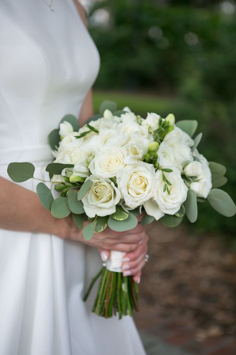 Simple Wedding Bouquet With Eucalyptus, White Roses And Eucalyptus Wedding, White Bouquet Wedding Simple, Rose And Freesia Wedding Bouquet, Just White Roses Bouquet, Wedding Flower Bouquets Bridal White Roses, White Roses Bridal Bouquet With Greenery, White Bouquet With Eucalyptus, Wedding Bouquet White Roses Eucalyptus