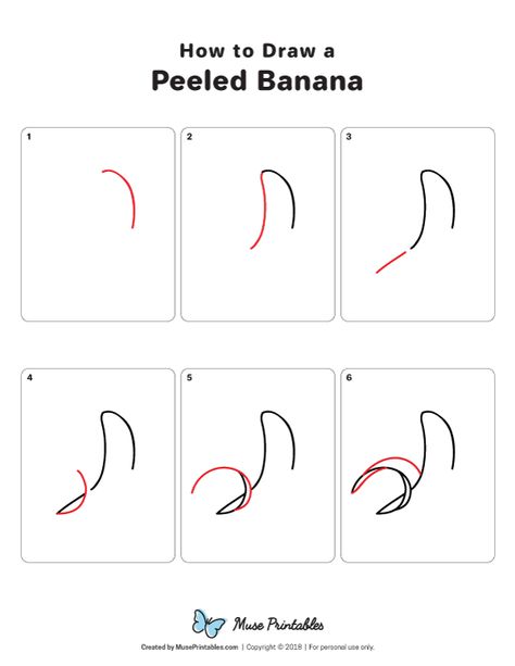 Learn how to draw a peeled banana step by step. Download a printable version of this tutorial at https://museprintables.com/download/how-to-draw/how-to-draw-a-peeled-banana/ Banana Doodle Drawing, How To Draw A Banana, Banana Sketch, Banana Drawing, Peeled Banana, Cake Stencil, Banana Peel, Nature Drawing, Food Drawing