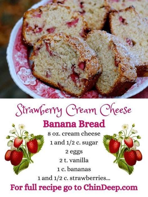 Cream Cheese Banana Bread, Strawberry Banana Bread, Cream Cheese Bread, Banana Bread Ingredients, Strawberry Bread, Strawberry Dessert Recipes, Strawberry Cream Cheese, Strawberry Cream, Bread Recipes Sweet