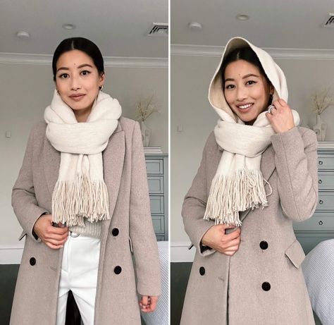 How to style women's scarf as a hat tiktok hack // cream + taupe winter outfit Tie Hack, Ways To Style A Scarf, Style A Scarf, Native Outfits, Scarf Hood, Scarf Wearing Styles, Mango Coats, How To Wear A Scarf, Cute Scarfs