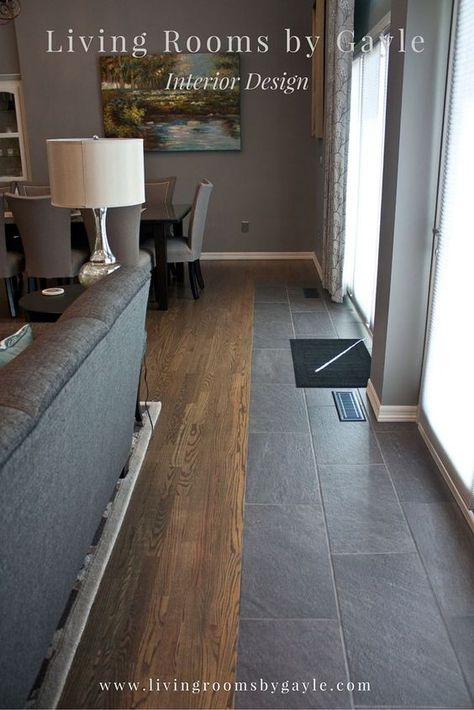 Hardwood next to gray tile Floor Wood And Tile, Slate And Wood Floor, Flooring For Small House, Tile To Wood Transition, Tile Transition, Floor Transition, Transition Flooring, Entry Tile, Grey Slate