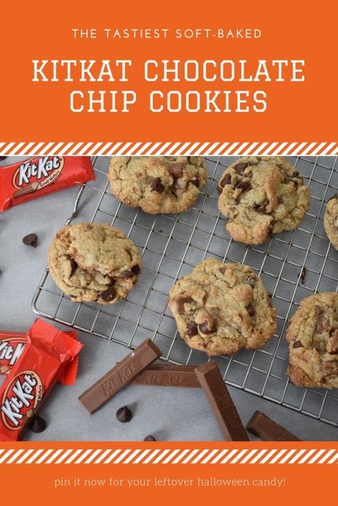 This delicious KitKat Cookie Recipe is the perfect way to use leftover Halloween candy! These KitKat cookies also make a great holiday party dessert or a treat any time of the year. They're soft, chewy, and soooo tasty. If you're looking for a soft-baked chocolate chip cookie recipe with a little something extra, this is it! Trust me, Kit Kat isn't just for Halloween anymore! Kitkat Cookies, Twix Cookie, Holiday Party Desserts, Soft Cookie Recipe, Leftover Halloween Candy, Gooey Cookies, Cookies Pastry, Soft Bakes, Low Carb Low Sugar