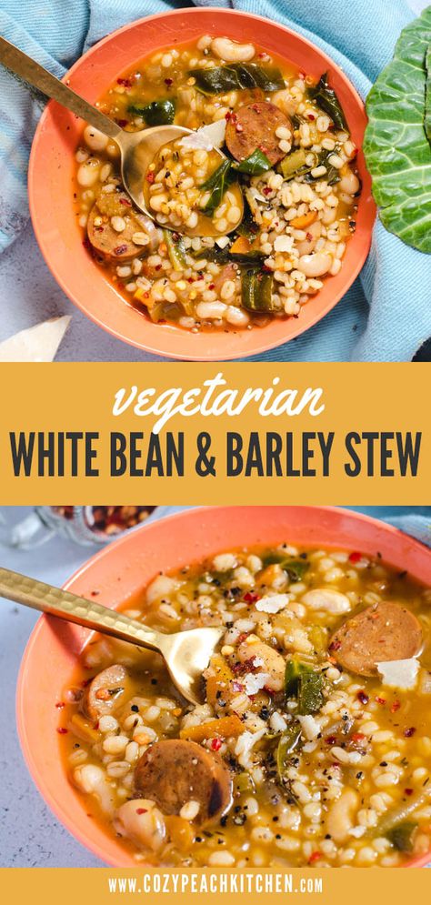 Vegetarian white bean soup is a filling and healthy recipe made with veggie Italian sausage and barley. #vegansoup #whitebeans #soup #plantbased Vegetarian Barley Soup, Sausage And White Beans, Bean And Barley Soup, Vegetarian Bean Recipes, White Bean Chili Vegetarian, Barley Recipes, Butter Bean Soup, Meatless Meals Healthy, Easy Vegan Soup