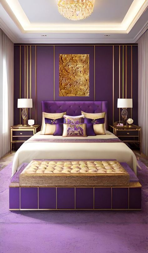 Purple And Gold Interior Design, Purple And Gold Furniture, Purple And Gold Bedroom Ideas, Bedroom Ideas Gold, Classic Bedroom Ideas, White Gold Bedroom, Grey And Gold Bedroom, Deco Violet, Blue And Gold Bedroom