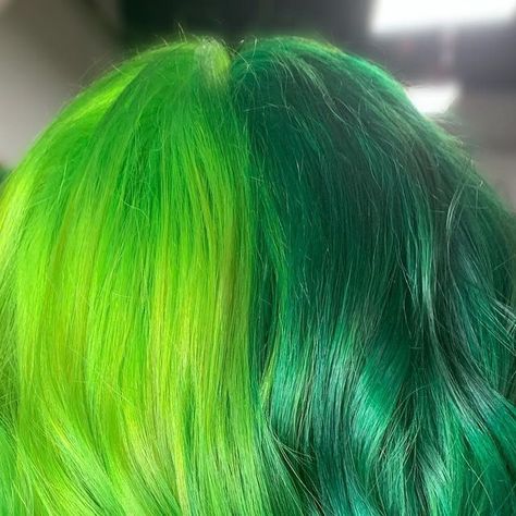 Michelle Ladino | Hair Stylist on Instagram: "💚 Ｓｐｌｉｔ💚 @mmandabearr I used @pravana & @olaplex to achieve this look! #greenhair #splithair #halfhead #halfhair #neongreenhair #emeraldgreenhair #halfgreenhair #forestgreenhair #darkgreenhair #limegreenhair #neonhair #vividhair #pravana #pravananeongreen #pravanagreen #pravanavivids #mermaidhair #mermaidians #hotonbeauty #paulmitchellpro #statenislandhair #statenislandhairstylist #statenislandsalon #statenisland #nychair #nychairstylist #nyccol