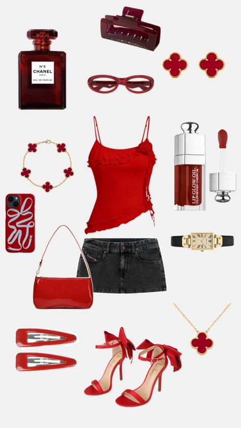 red van cleef dior lop oil watch shoes glasses chanel n5 phone case bow red top skirt red bag Red Van Cleef, Chanel N5, Red Chanel, Chanel Outfit, Red Bag, Van Cleef, Red Top, Dior, Phone Case