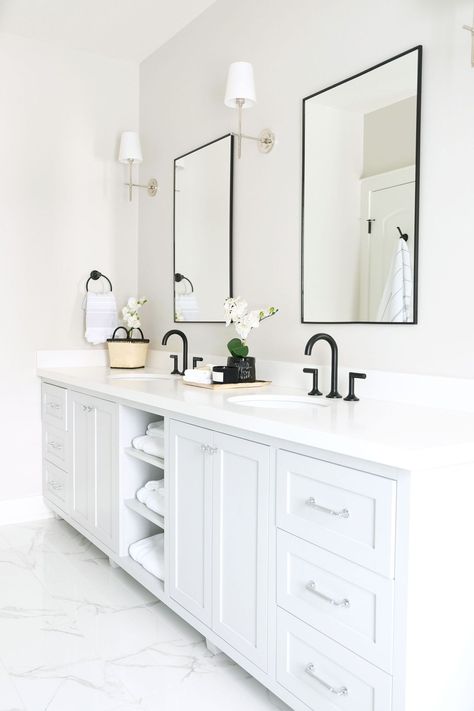 Country Style Bathroom Vanity with White Quartz Tops and Shaker Cabinets  This bathroom’s white shaker cabinets provide a clean, modern look while their simple, flat-panel design adds a touch of minimalism! Master Bath Vanity, Project Portfolio, Modern Farmhouse Bathroom, White Vanity Bathroom, Bathroom Inspiration Decor, Bathroom Renos, Bathroom Remodel Master, House Bathroom, White Bathroom