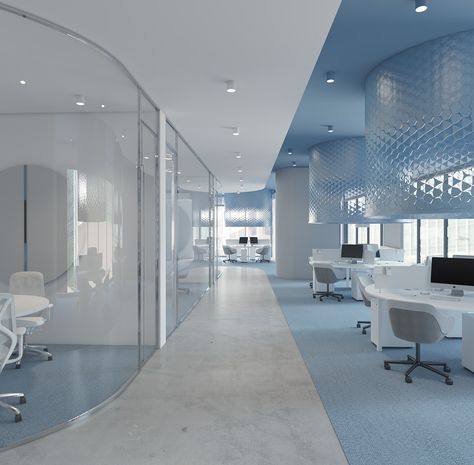 tawuniya office :: Behance Blue Office Reception, Office Interior Design Blue, Reception Area Design Waiting Rooms, Office Design Reception, Lounge Sitting Area, Lounge Waiting Area, Design Reception Desk, House Outside Colour Combination, Light Blue Office