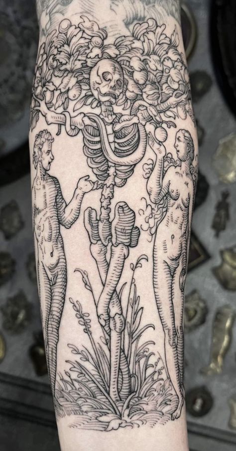 Erebus Tattoo, Romantic Gothic Tattoo, Engraved Tattoo Designs, Medieval Etching Tattoo, Etching Tattoo Ideas, Wood Cut Tattoo Style, Wood Etching Tattoo, Pict Tattoos, Etching Tattoo Sleeve