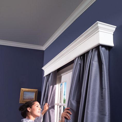 DIY Wood Cornice - Made one for every room in the house. Can use the top as a shelf for picture frames or Christmas decor. Cornice Curtain, Curtain Cornice, Diy Cornice, Window Cornice, Wood Cornice, Eames Design, Window Cornices, Koti Diy, Wood Window