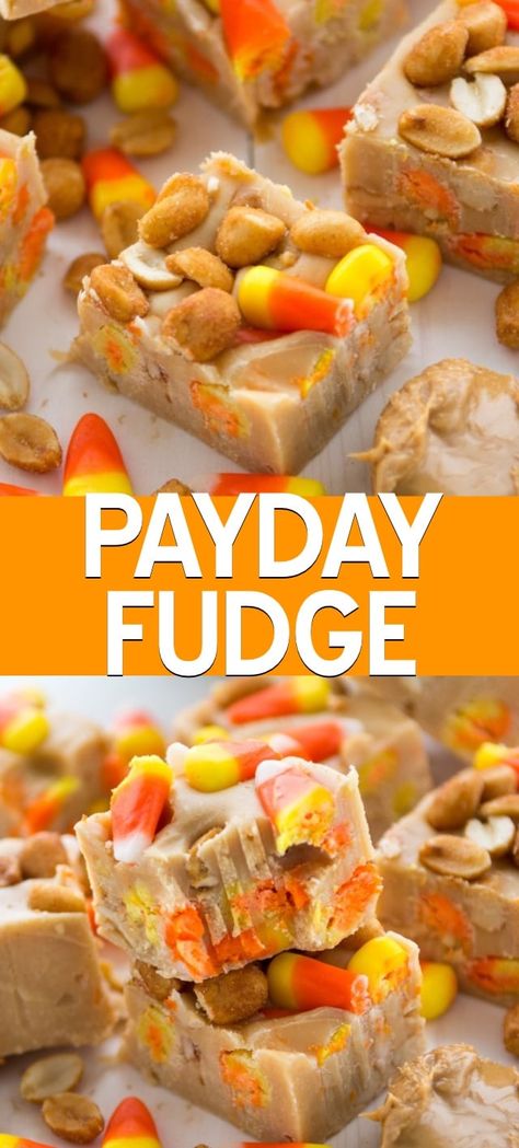 Payday fudge is an easy peanut butter fudge recipe with peanuts and candy corn. This fudge tastes like a payday candy bar because the candy corn makes it chewy! Everyone who tries it loves this easy fudge recipe. Fudge Peanut Butter, Peanut Butter Fudge Recipes Easy, Payday Candy, Payday Candy Bar, Pasteles Halloween, Peanut Butter Fudge Recipe, Peanut Butter Fudge Easy, Fudge Recipes Easy, Peanut Recipes