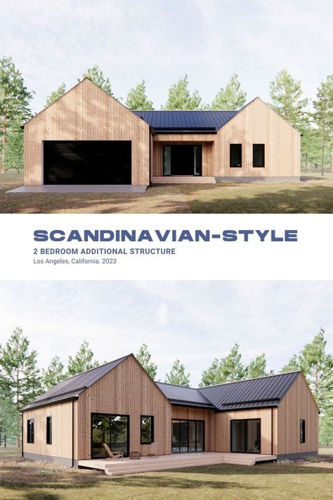 Two image showing house's exterior with wood siding in a Scandinavian - inspired finish Modern Scandinavian House Plans, Scandinavian House Plans, Modern Scandinavian House, Scandinavian Modern House, Scandinavian Farmhouse, Scandinavian Style Home, Modern Barn House, Casa Container, Modern Bungalow