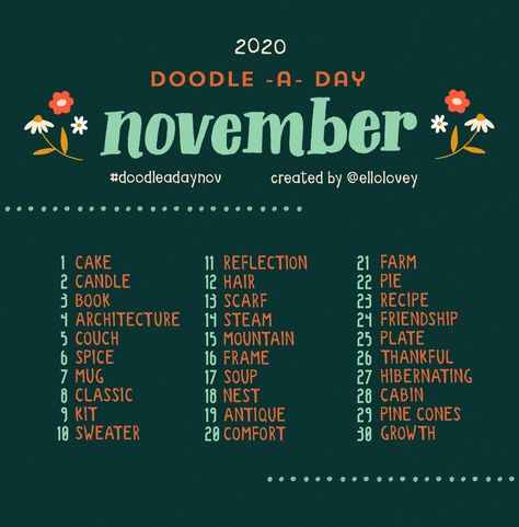 Use this list as your daily drawing inspiration all month long! Post with the hashtag #doodleadaynov Get creative! ✏️ Lettering Prompts, Fun Checklist, Monthly Prompts, Artist Development, Word Prompts, Inktober Prompts, Doodle A Day, Monthly Celebration, 30 Day Art Challenge