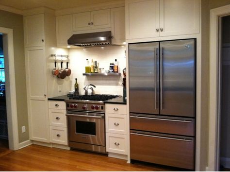 Small Kitchen Fridge And Stove On Same Wall, Kitchen Cabinets Stove Area, Stove Next To Fridge Small Kitchen, Pantry Cabinet Beside Stove, Fridge Stove Pantry Wall, Fridge Stove Same Wall, Pantry Between Fridge And Stove, Stove And Refrigerator On Same Wall Small Kitchen, Fridge Near Stove