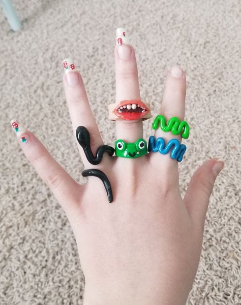 Made my own clay rings ! Diy Clay Rings, Witch Rings, Diy Crafts Love, Lion Ring, Kawaii Bags, Polymer Clay Ring, Kids Clay, Art Ring, Clay Diy Projects