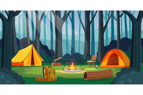 Summer camp in forest with bonfire, tent, backpack. cartoon landscape , forest and campsite. Equipment for travel. Vector illustration in flat style Camp In Forest, Travel Vector Illustration, Tent Drawing, Camping Cartoon, Camping Diy Projects, Cartoon Landscape, Children's Book Layout, Travel Vector, Vans Backpack