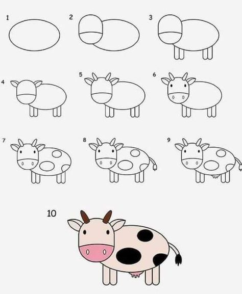 Easy Cow Drawing, Trin For Trin Tegning, Ako Kresliť, Kids Drawing Ideas, Hand Art Kids, Kindergarten Art Lessons, Doodle Art For Beginners, Drawing Ideas For Kids, Cow Drawing