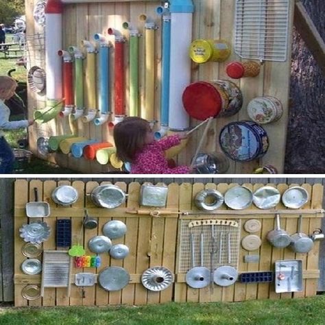 Musical walls or music stations! Your kids will love this idea. Your neighbours will love it even more haha :) #kids #children #toddlers #musicalwall #kidsmusic #preschoolers #kidsfun #kidsactivities #outdoorfun Diy Kids Playground, Tanaman Indoor, Play Area Backyard, Outdoor Play Areas, Diy Playground, Outdoor Music, Outdoor Play Area, Natural Playground, Playground Design